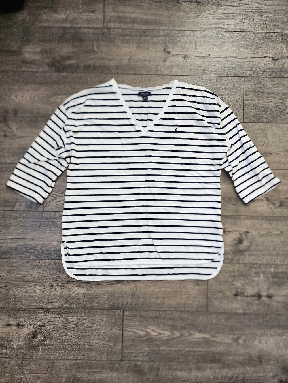 Nautica Womens Top Size XL Striped White Black 3/4 Sleeve V-Neck